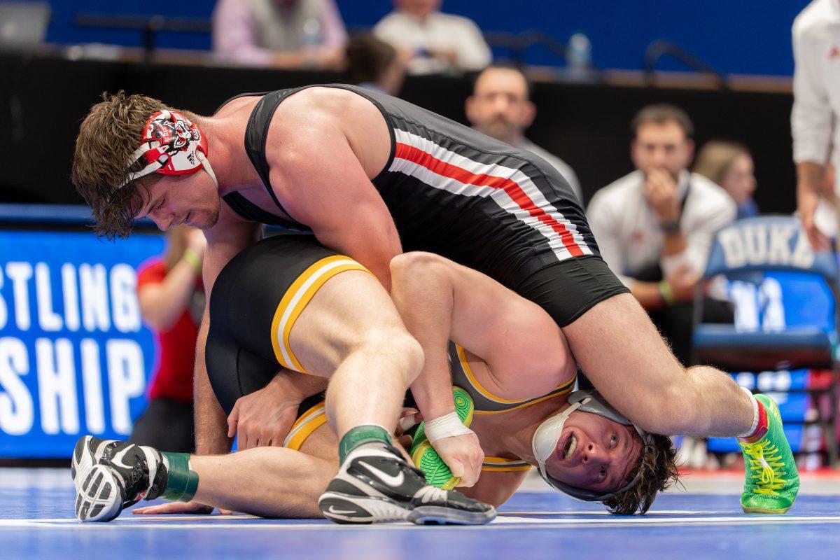 Redshirt junior Isaac Trumble attempts to secure a takedown during the ACC Wrestling Championship Tournament in Cameron Indoor Stadium on Sunday, March 9, 2025. Trumble placed sixth in the 285 weight class. NC State placed third overall with 62.5 points.