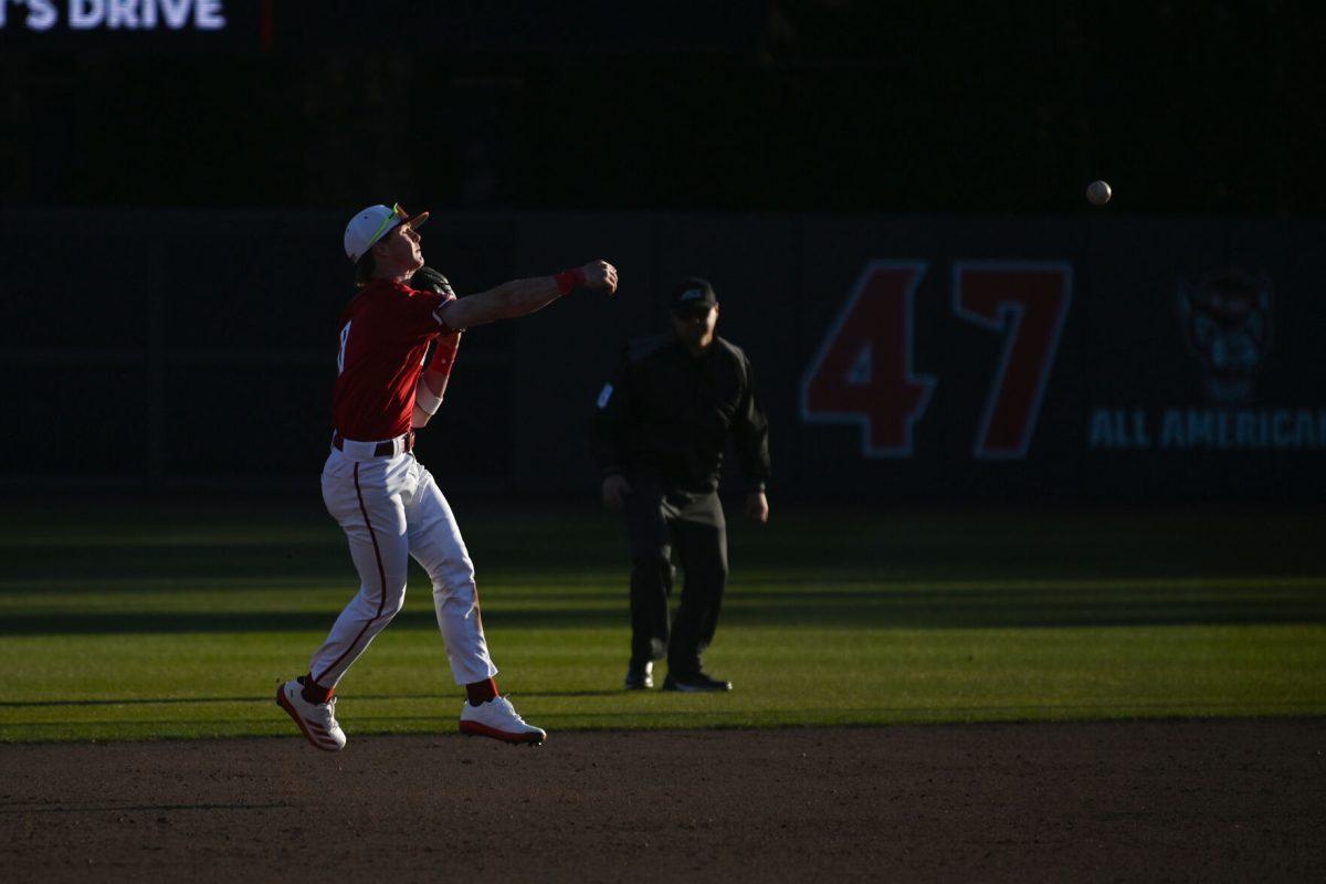 Sophomore infielder Luke Nixon throws to first for an out during NC State's game against the Canisius Golden Griffins on Doak Field at Dail Park on Friday, Feb. 28, 2025. The Wolfpack beat the Golden Griffins 10-2 to take the first game of the series.
