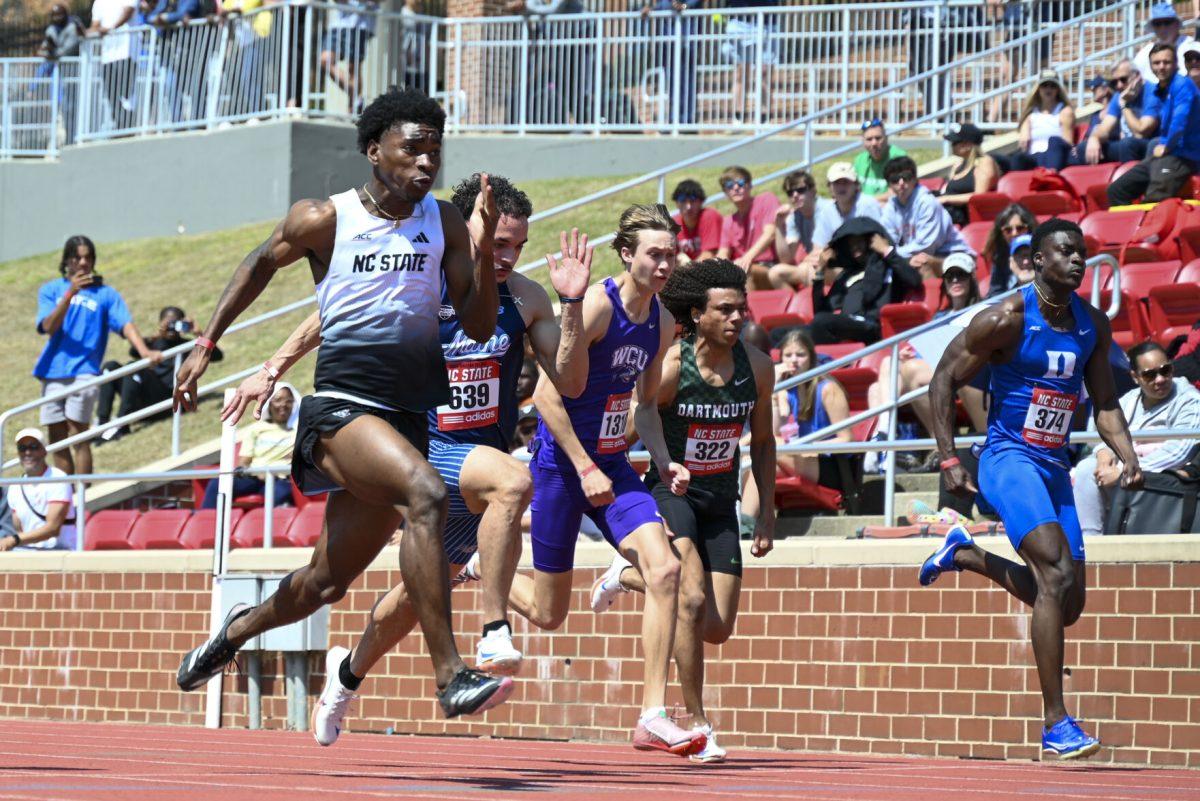 Freshman sprinter Brandon Harris lauches off the blocks during the Raleigh Relays track meet at the Derr Track and Field Facility on Friday, March 28, 2025. Harris ran a 10.86 in the 100m dash.