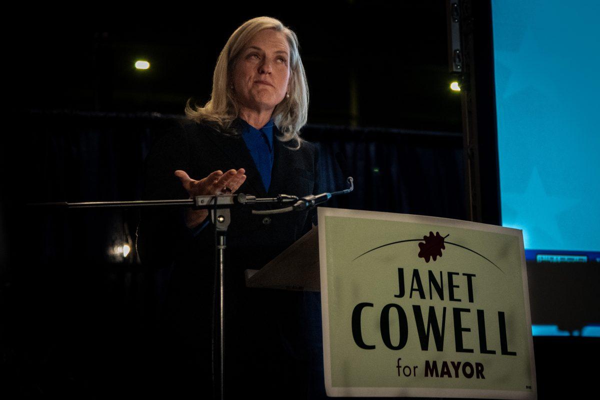Raleigh Mayor candidate Janet Cowell acknowledges the crowd during her watch party event at Birdie's Barroom and Kitchen on Tuesday, Nov. 5, 2024. During the event, supporters of Cowell and democratic voters gathered for dinner to celebrate her victory as well as watch the races on election night.