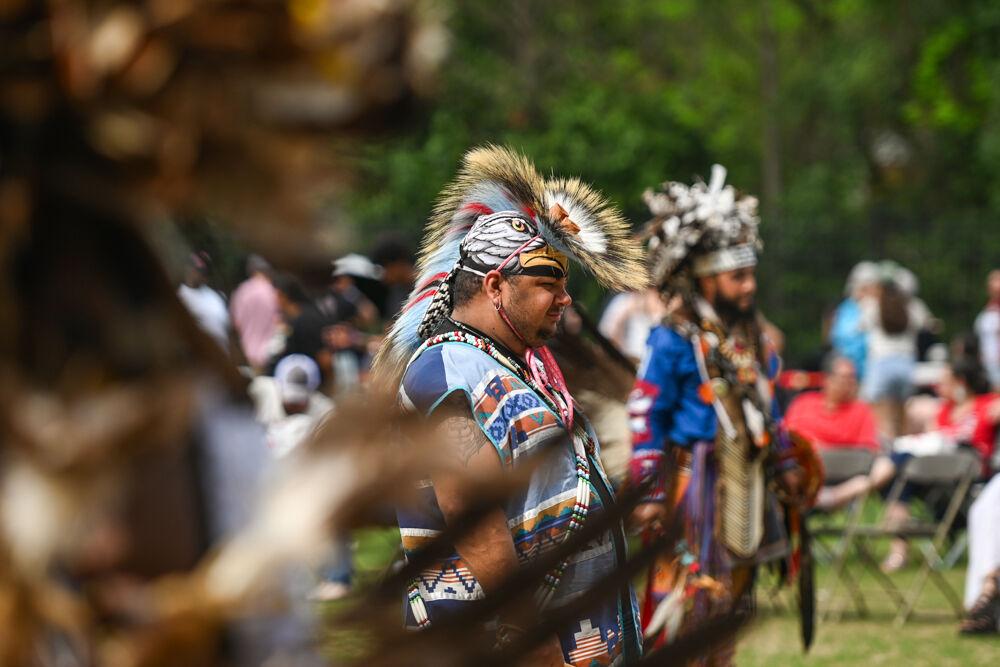 Native performers dressed in regalia get ready to perform a Chicken Dance during NC State's 35th Annual Powwow at Miller Fields on Saturday, April 5, 2025. The event celebrated the identities of different tribal groups through a display of various Indigenous dance styles accompanied by traditional drum groups.