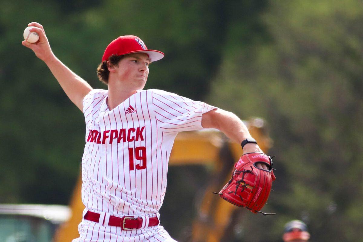 Sophomore pitcher Heath Andrews throws a pitch during the game against Virginia at Doak Field at Dail Park on Saturday, April 5, 2025. The Wolfpack beat the Cavaliers 9-2.