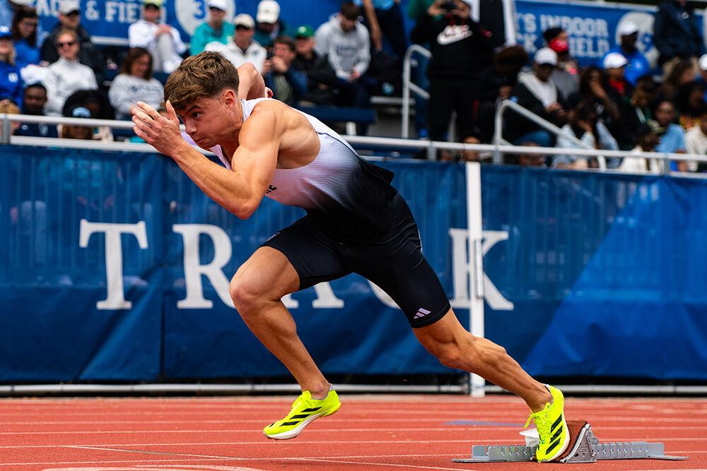 Senior distance runner Patrick Tuohy launches off from the starting block in the 400m during the Duke Invitational in the Morris Willis Stadium on Saturday, April 13, 2025. Tuohy placed first in his heat with a time of 48.42.