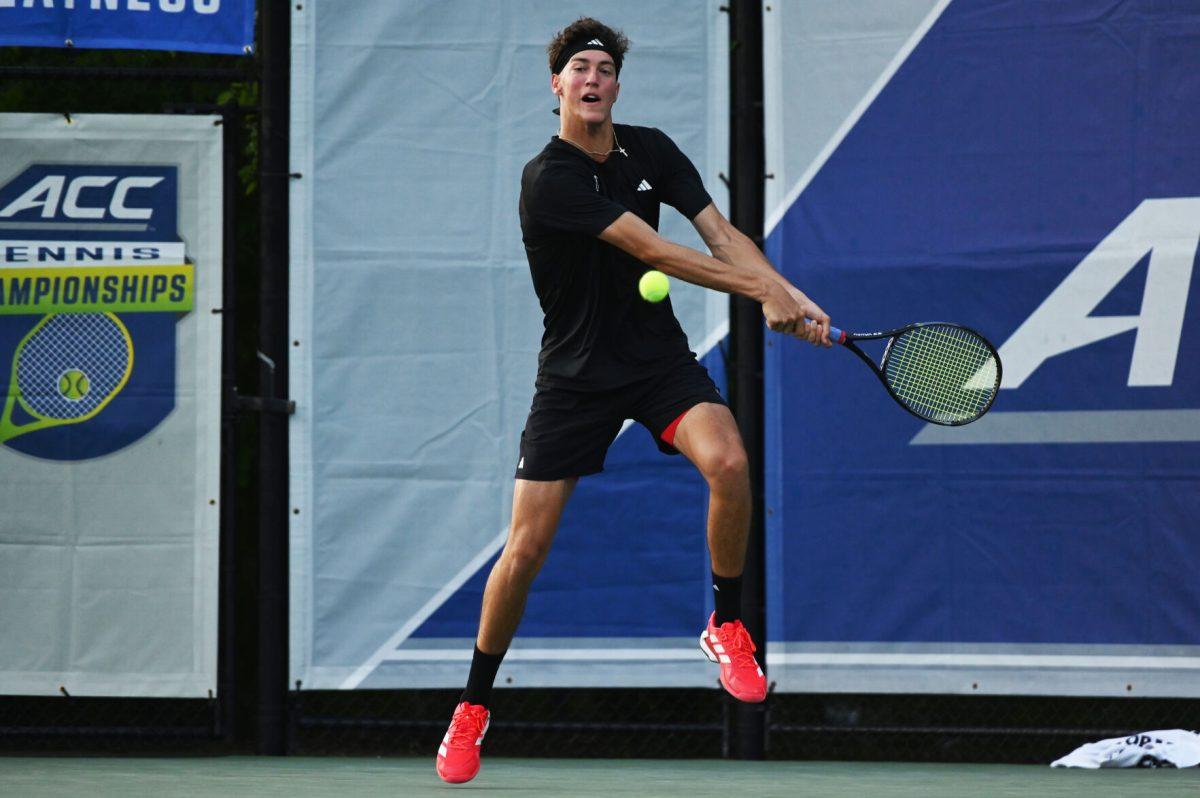 Redshirt freshman William Manning returns the ball during the match versus Duke in the ACC Championship Quarterfinals at the Cary Tennis Park on Friday, April 18, 2025. Manning won his singles match 2-0 (6-2, 6-2). The Wolfpack lost 4-3 to the Blue Devils.