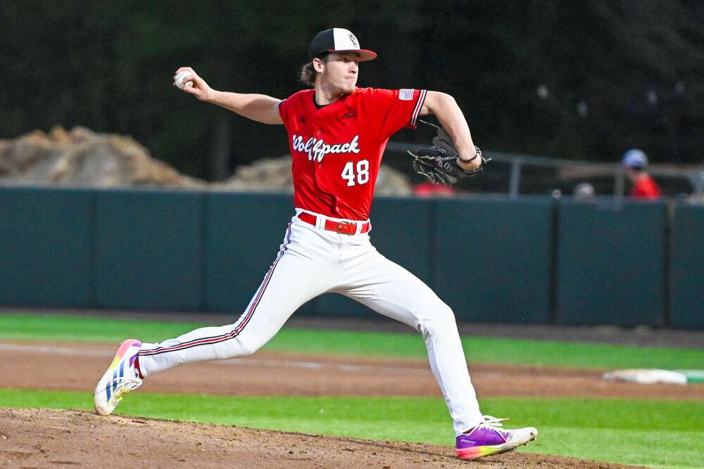 Junior pitcher Andrew Shaffner throws a pitch during the game against UNC-Greensboro&#160;on Doak Field at Dail Park on Tuesday, April 1, 2025. Shaffner finished with seven strikeouts and allowed one run. The Wolfpack defeated the Spartans 9-6.&#160;