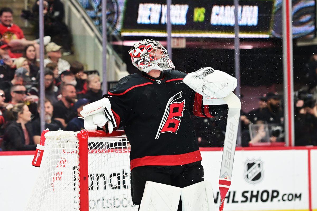 Goalie Pyotr Kochetkov stands in the goal during the game versus the New York Islanders at the Lenovo Center on Sunday, March 30, 2025. The Hurricanes beat the Islanders 6-4.