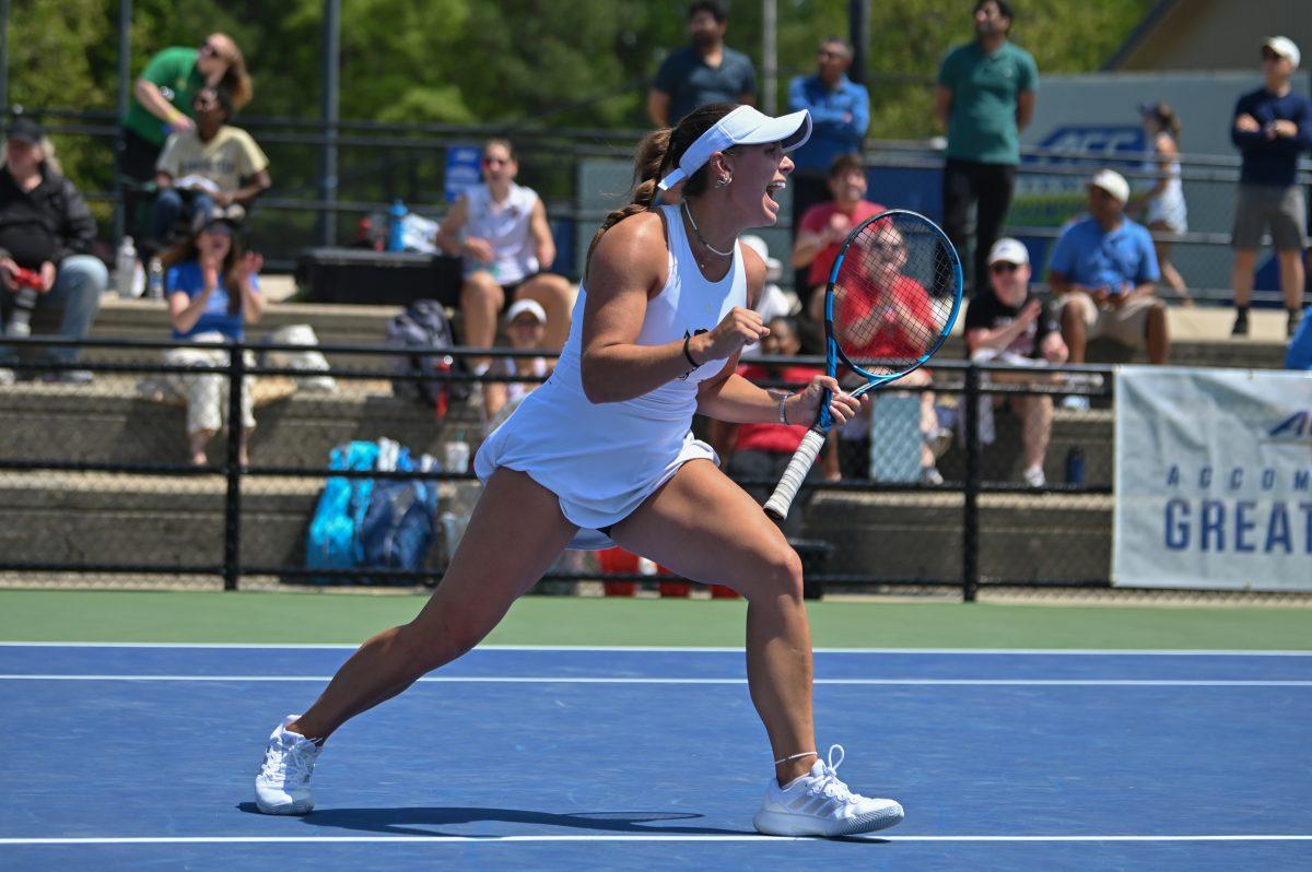 Sophomore Gabriella Broadfoot cheers as she celebrates winning a set during the quarterfinal match of the ACC Championship against Notre Dame at Cary Tennis Park on Friday, April 18, 2025. The Wolfpack defeated the Fighting Irish 4-1.
