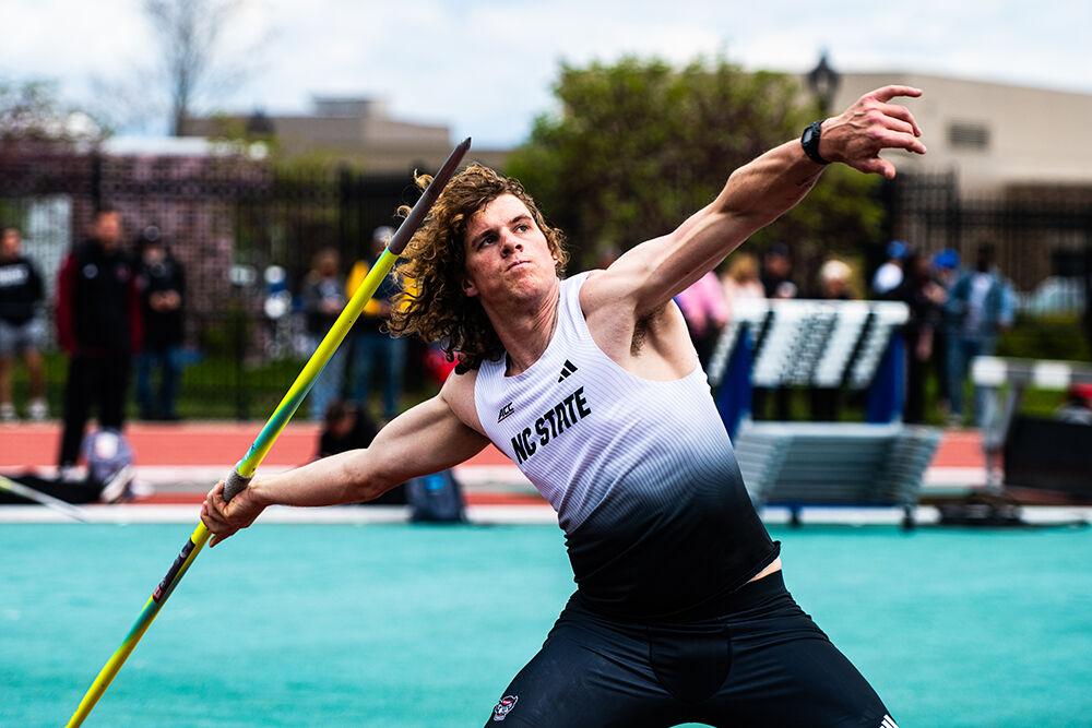 Junior javelin thrower Luke Thierfelder throws the javelin during the Duke Invitational in the Morris Williams Stadium on Saturday, April 13, 2025. Thierfelder placed tenth overall with a distance of 55.91 meters.