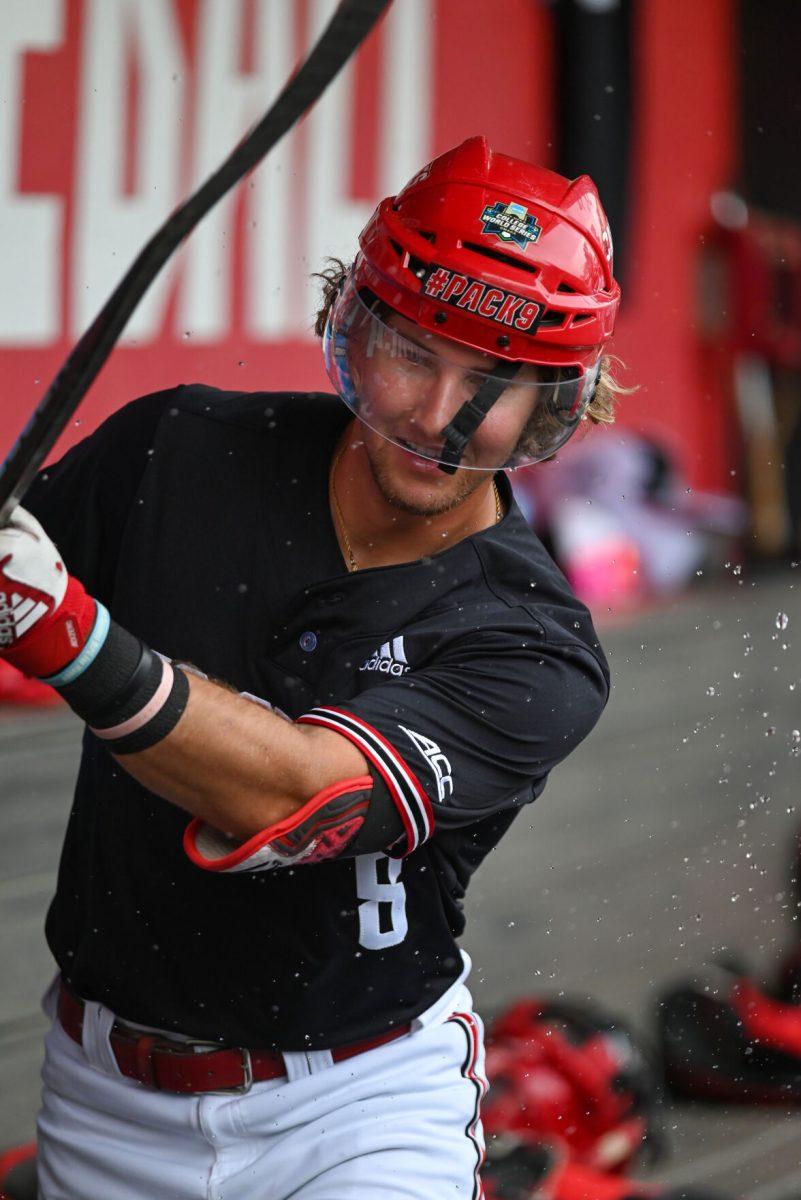 Senior infielder Justin DeCriscio celebrates after hitting a home run during the game against Virginia on April 6, 2025 at Doak Field at Dail Park. DeCriscio had a home run during his three at bats. NC State beat Virginia 9-8.