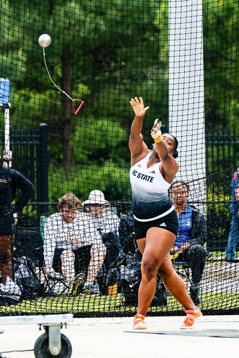Junior thrower Sydney Freeman throws the hammer during the Duke Invitational at the Morris Williams Stadium on Thursday, April 10, 2025. Freeman placed tenth in the event with a distance of 53.73 meters.