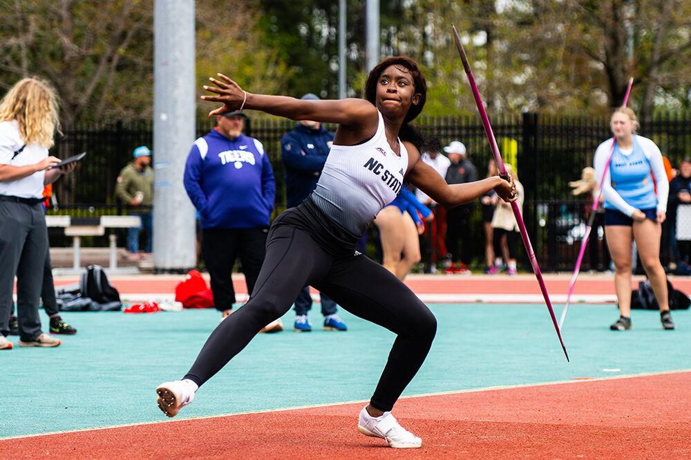 Junior thrower Jakerra Covington throws the javelin during the Duke Invitational at the Morris Williams Stadium on Saturday, April 12, 2025.