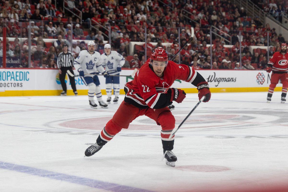 Center Logan Stankoven chases the puck during the game versus the Toronto Maple Leafs at the Lenovo Center on Sunday, April 13, 2025. The Hurricanes lost to the Maple Leafs 4-1.