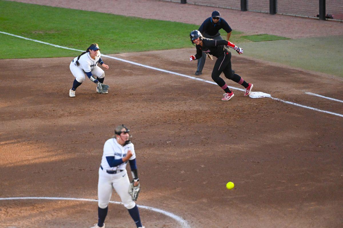 Junior outfielder Ellie Goins begins to run during the second game of the doubleheader against Longwood at Dail Softball Stadium on Tuesday, April 15, 2025. NC State won the game 7-0.