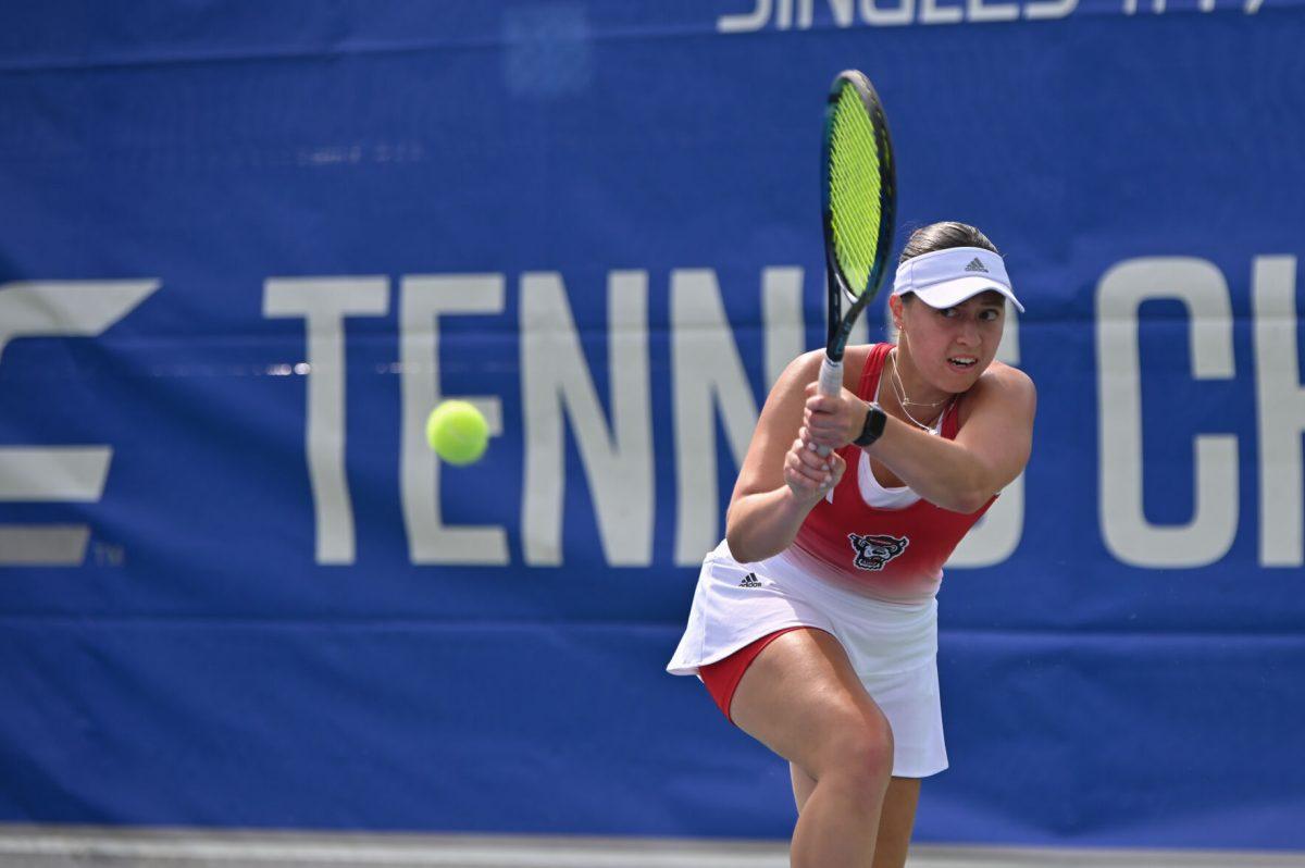 Junior Anna Zyryanova backhands the ball during the ACC semifinals match against UNC-Chapel Hill at Cary Tennis Park on Saturday, April 19, 2025. The Wolfpack fell to the Tar Heels 4-1.&#160;
