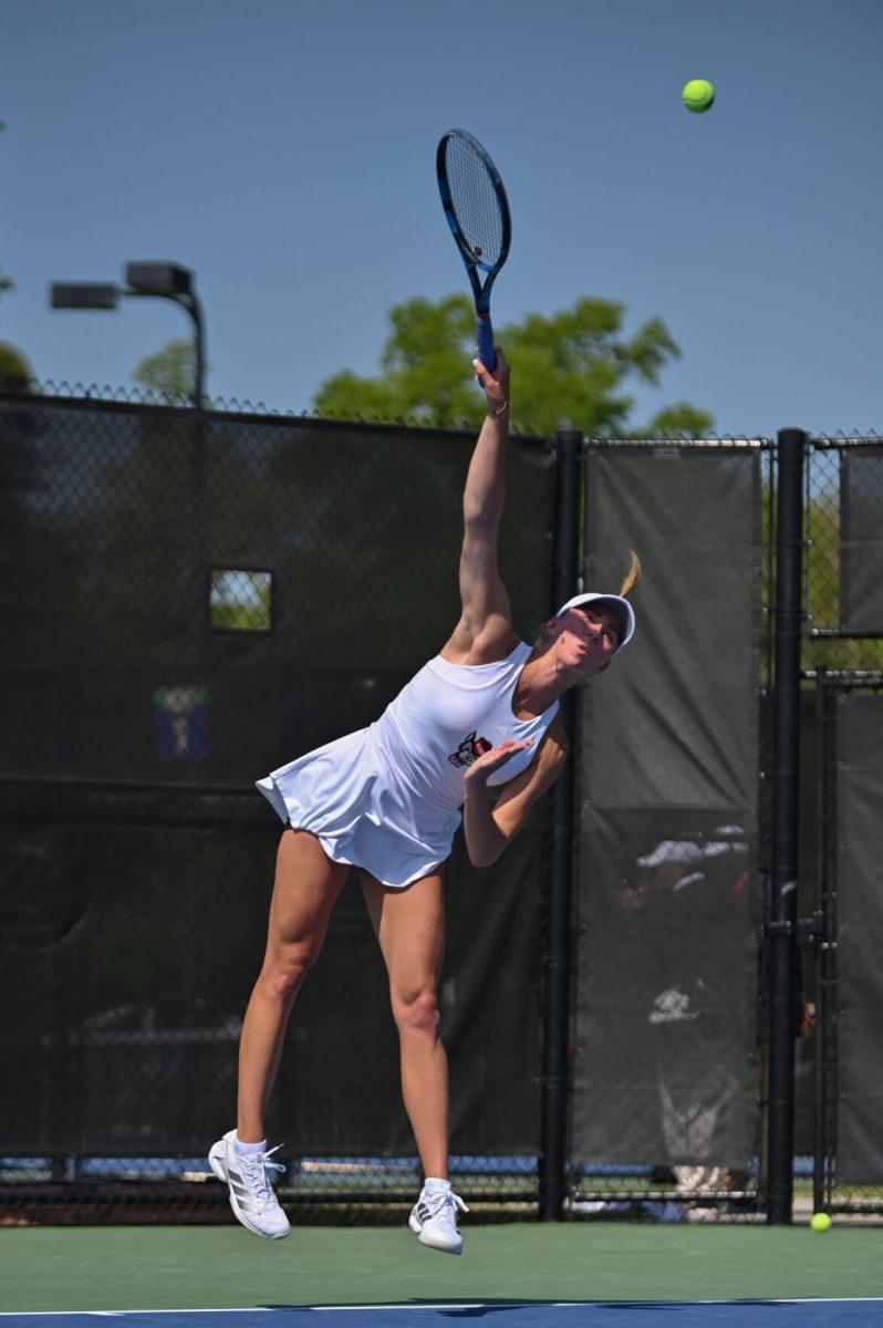 Sophomore Kristina Paskauskas serves the ball during the quarterfinal match of the ACC Championship against Notre Dame at Cary Tennis Park on Friday, April 18, 2025. The Wolfpack defeated the Fighting Irish 4-1.