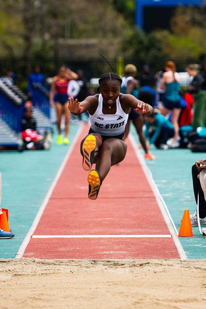 Freshman jumper Nia Poole jumps into the long jump sand pit during the Duke Invitational in the Morris Williams Stadium on Saturday, April 13, 2025. Poole placed ninth in her heat with a best distance of 5.14 meters.