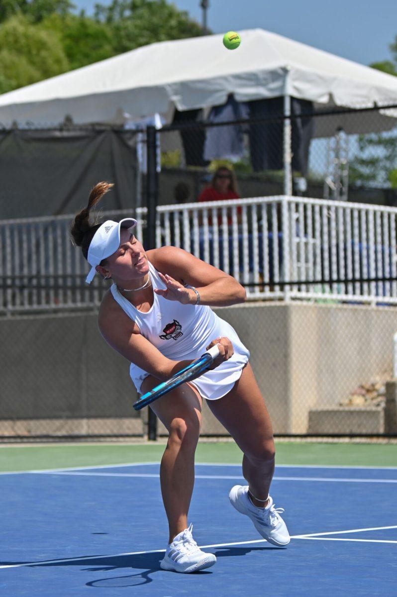Sophomore Gabriella Broadfoot flinches after being hit in the face with a ball during the quarterfinal match of the ACC Championship against Notre Dame at Cary Tennis Park on Friday, April 18, 2025. The Wolfpack defeated the Fighting Irish 4-1.