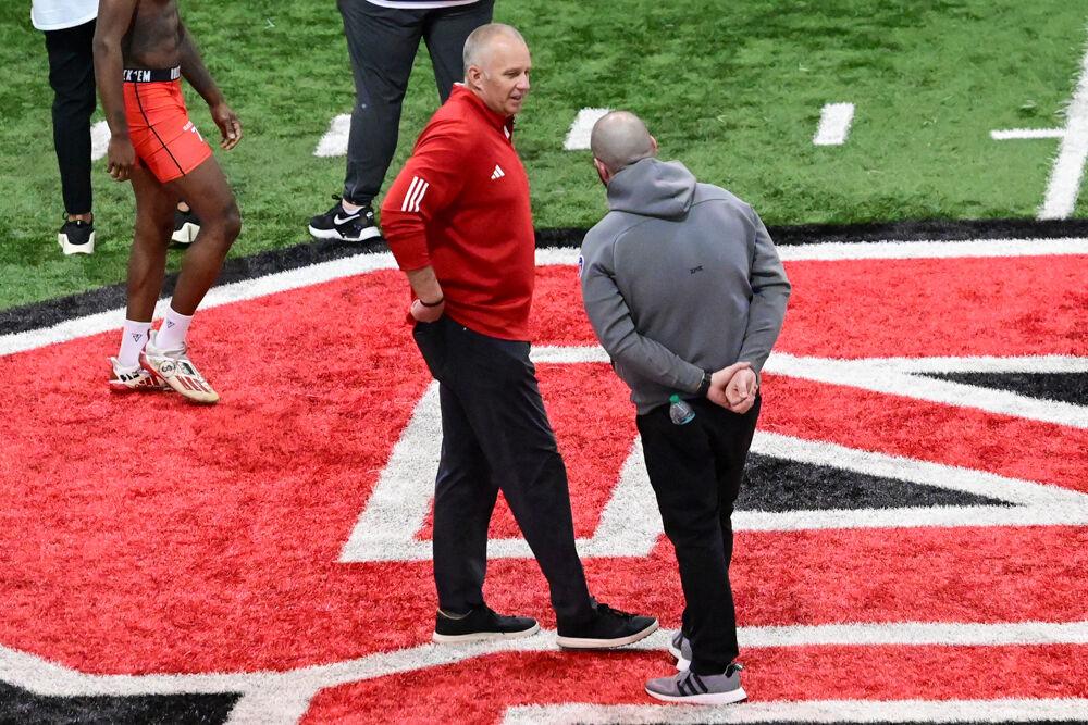 Head coach Dave Doeren chats during NC State football's Pro Day in the Close-King Indoor Practice Facility&#160;on Tuesday, March 25, 2025. NC State players performed a variety of tasks in front of NFL scouts before the upcoming draft.