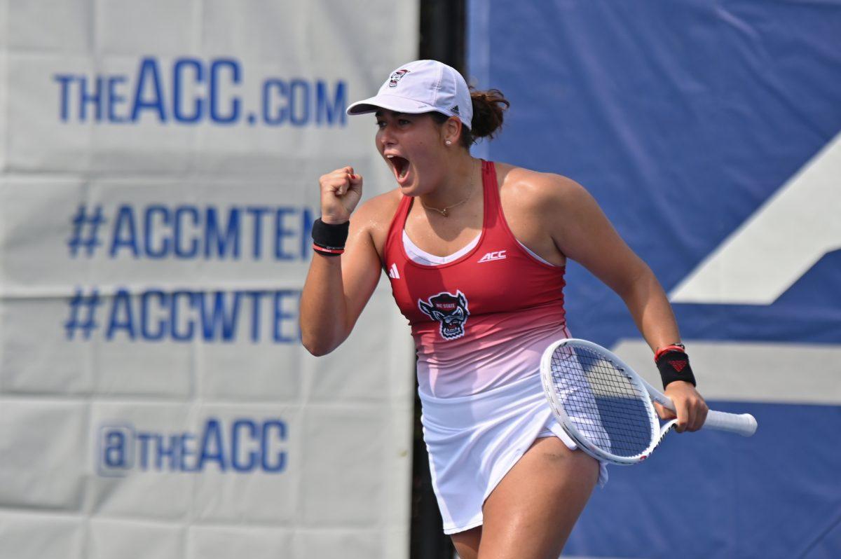 Freshman Mia Slama yells in celebration of a point during the ACC semifinals match against UNC-Chapel Hill at Cary Tennis Park on Saturday, April 19, 2025. The Wolfpack fell to the Tar Heels 4-1.&#160;