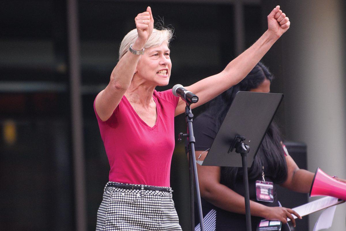 Congresswoman Deborah Ross speaks on stage at the Reproductive Rights March at Stafford Commons on Nov. 6, 2022. The march was hosted by the Progressive Students Task Force in collaboration with Planned Parenthood Generation Action to peacefully protest the decline of reproductive healthcare access in the United States.