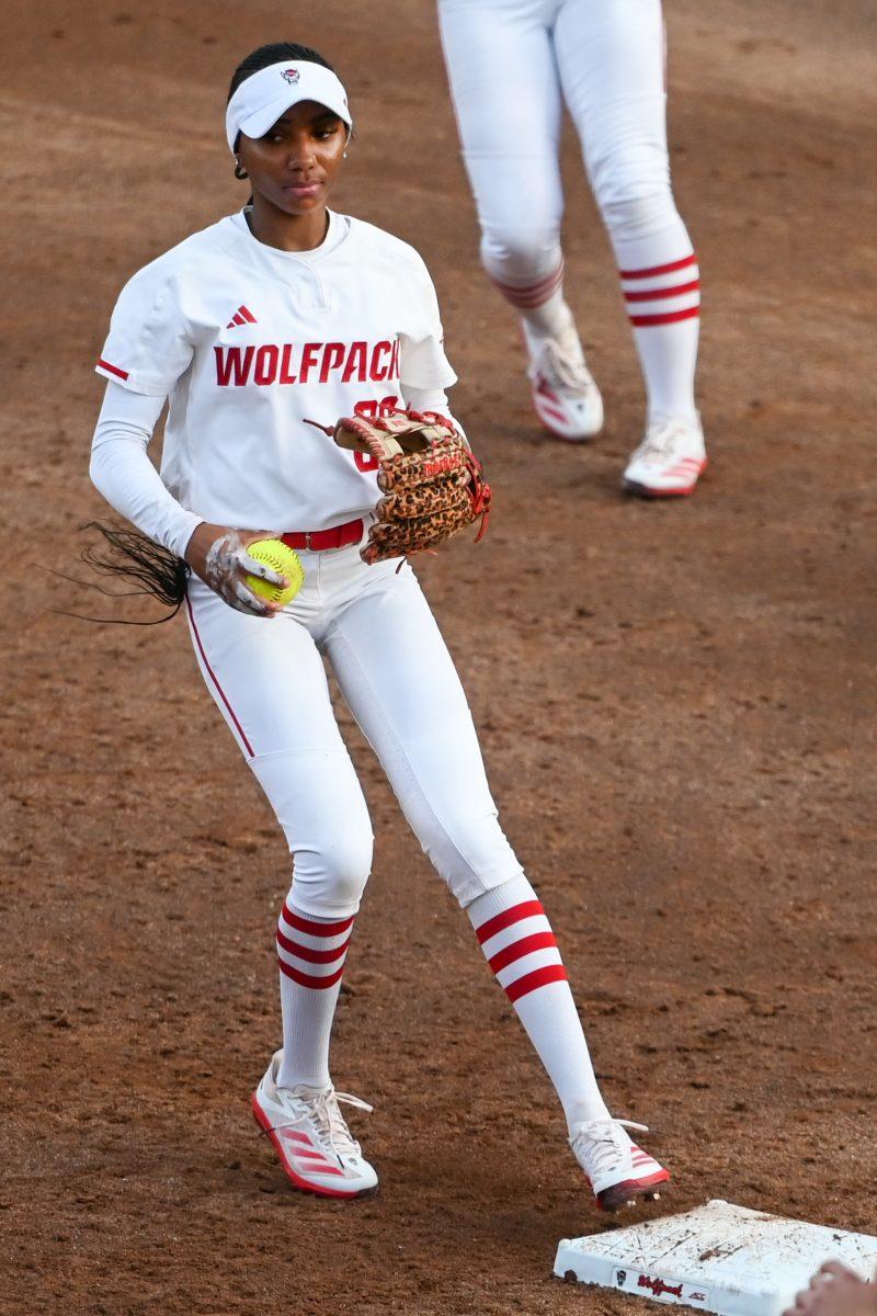 Junior utility player MaKayla Marbury tags the base during the game against Virginia Tech at Dail Softball Stadium on Friday, April 5, 2025. Marbury was at bat twice. NC State lost the game 10-2.