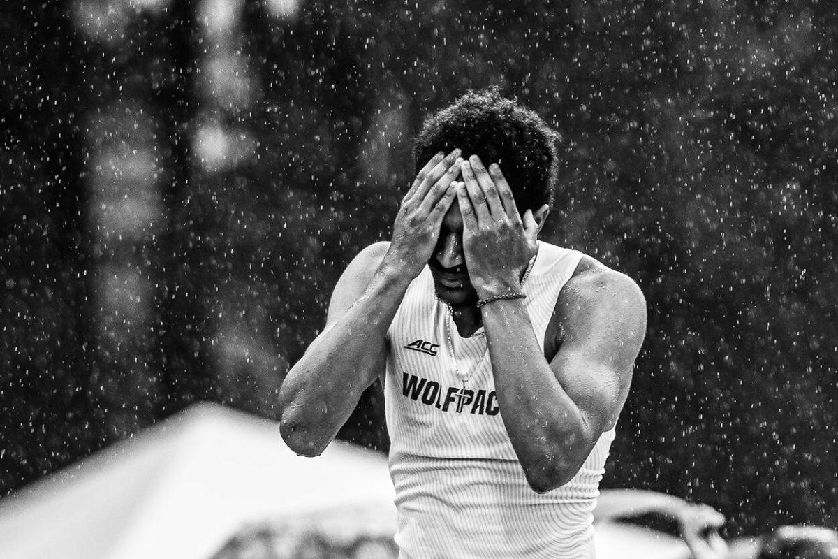 Junior jumper Kyzaiah Stone expresses his frustration after his elimination from the high jump event during the Duke Invitational at the Morris Williams Stadium on Friday, April 11, 2025. Stone tied for sixth place with a height 1.96 meters.