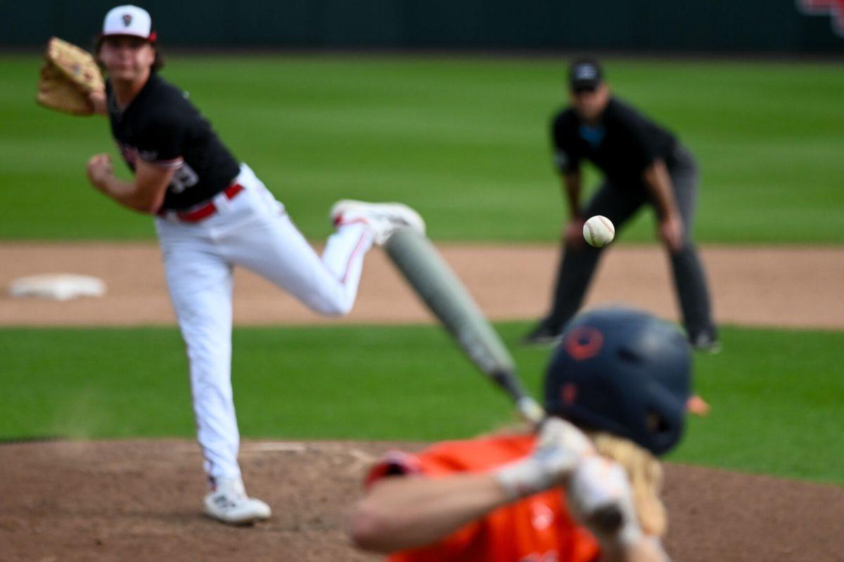 Freshman left handed pitcher Tristan Potts pitches the ball during the game against Virginia on April 6, 2025 at Doak Field at Dail Park. Potts pitched one inning wile only giving up one hit. NC State beat Virginia 9-8.