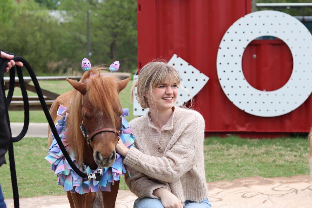 Graduate school employee Celia Settlemyer takes a picture with Peaches the Mini Horse at The Corner on Centennial Campus on Tuesday, April 8, 2025. Peaches is a part of the Stampede of Love organization, a non-profit group dedicated to sharing the therapeutic benefits of animal therapy of adults and children.