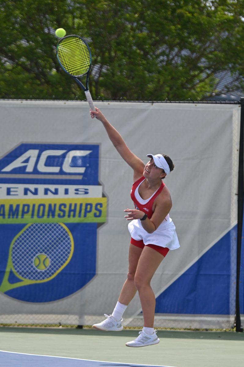 Junior Anna Zyryanova serves the ball during the ACC semifinals match against UNC-Chapel Hill at Cary Tennis Park on Saturday, April 19, 2025. The Wolfpack fell to the Tar Heels 4-1.&#160;