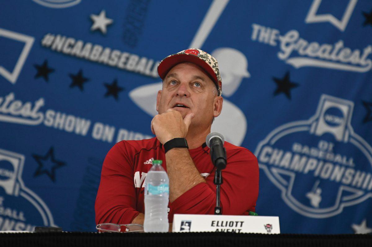 Head coach Elliott Avent speaks with the media after the Wolfpack's game against the James Madison Dukes in the NCAA Raleigh Regional final on Doak Field at Dail Park on Sunday, June 2, 2024. When asked about what it meant to win the regional round at home in front of the home fans, Avent said: &#8220;NC State fans are passionate as we all know, but what they did for these three days&#8230; I&#8217;ve spent a lifetime watching NC State play sports, and this was the best three days I&#8217;ve ever seen our fans at Doak Field at Dail Park". The Wolfpack beat the Dukes 5-3 to advance to the super regional round in Athens, Georgia.