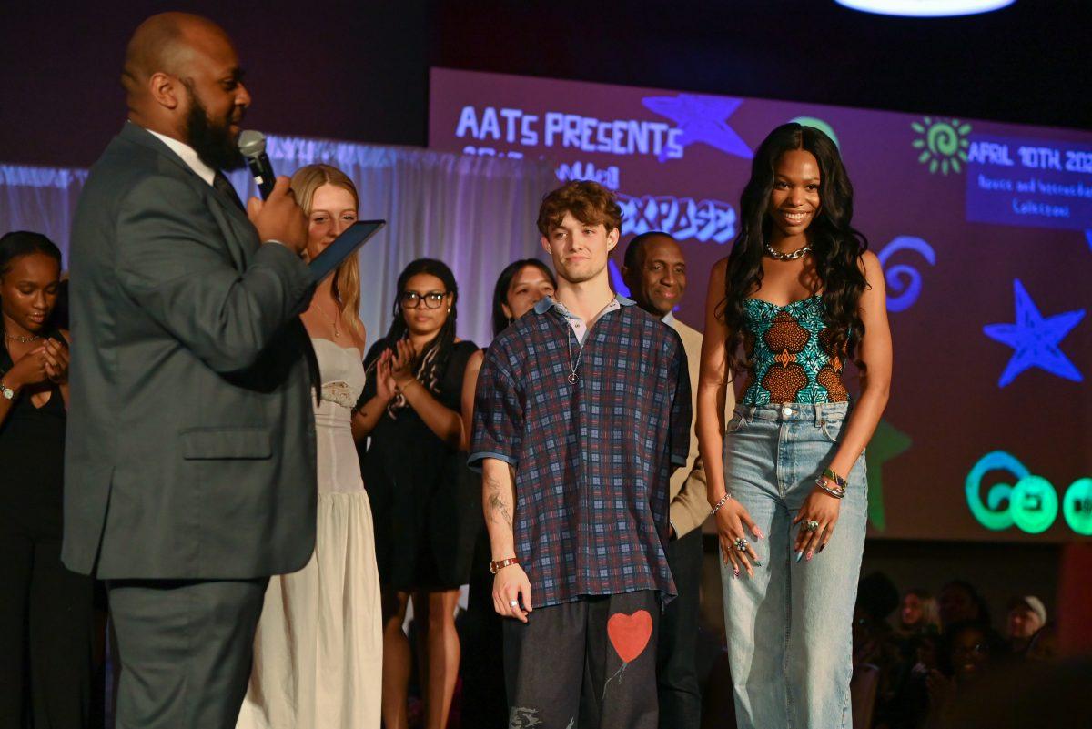Winners of the intermediate and beyond category Sarah Grace Simas, Daniel Iman and Serena Danieli receive a round of applause during the 27th Annual Fashion Expose at Talley Student Union on Thursday, April 10, 2025. The event was hosted by the NC State Wilson College of Textiles African American Textile Society.