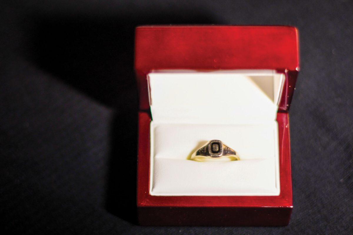 A class ring sits perched in its case in an apartment near Centennial Campus on Monday, April 14, 2025. Balfour, the company that sells NC State class rings, also sells NC State's official yearbook, graduation announcements and diploma frames.