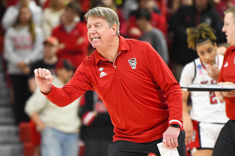 Head coach Wes Moore communicates with his players during the second round game of the NCAA Tournament against Michigan State in Reynolds Coliseum on Monday, March 24, 2025. NC State won the game 83-49.