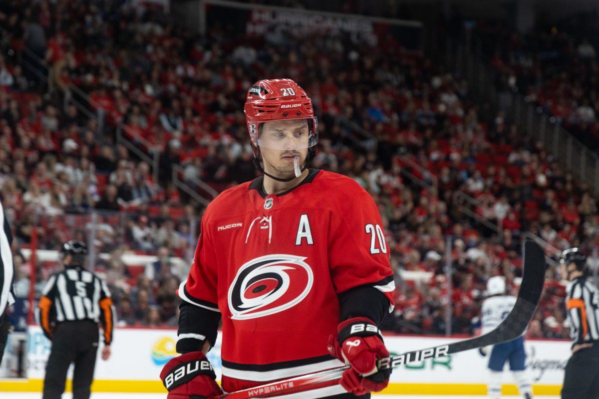 Center Sebastian Aho looks upset during the game versus the Toronto Maple Leafs at Lenovo Center on Sunday, Apr 13, 2025. Aho scored one goal in the game. The Hurricanes lost to the Maple Leafs 4-1.