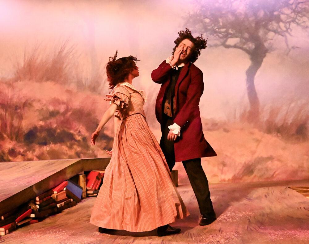 Jayla Freeman, who plays Cathy, slaps her rejected suitor Heathcliff, played by Beckett Paterson, during the dress rehearsal of "You on the Moors Now" at Titmus Theater on Wednesday, April 2, 2025. The play reimagines classic literary heroines who reject their suitors and band together on the moors, leading to a "battle of the sexes" against their entitled, enraged men.