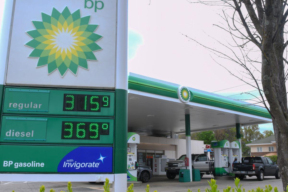 Price indicator in front of the BP gas station on Hillsborough Street on Thursday, April 3rd, 2025.&#160;