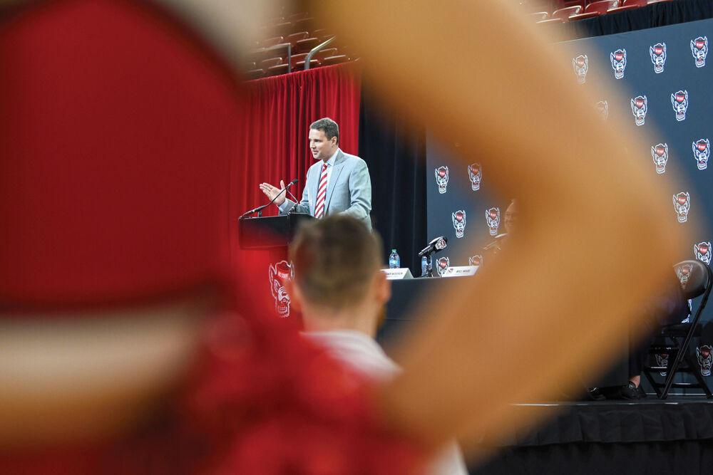 Will Wade, the new head coach of NC State men's basketball, answers questions from his press conference audience inside Reynolds Coliseum on Tuesday, March 25, 2025. Wade is the Wolfpack's 21st men's basketball coach, following after former coach Kevin Keatts.
