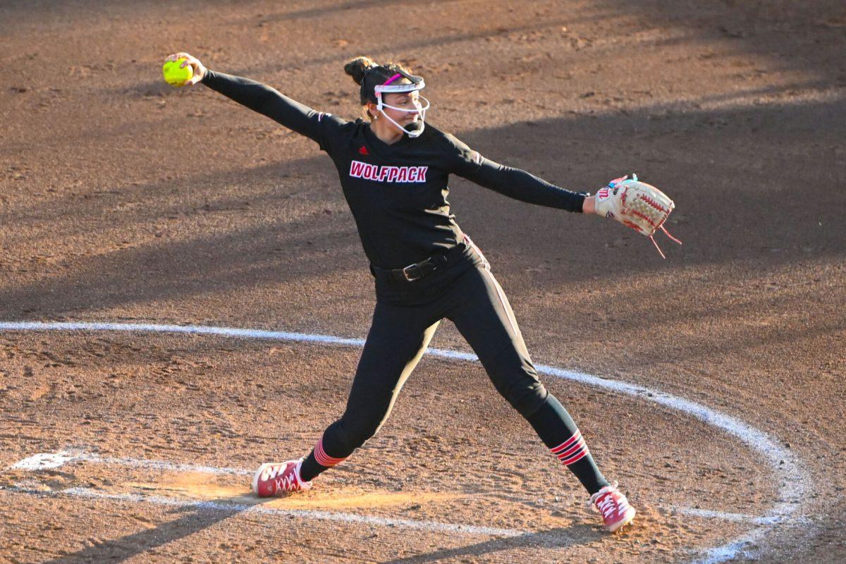 Sophomore pitcher Carly Maxton pitches during the second game of the doubleheader against Longwood at Dail Softball Stadium on Tuesday, April 15, 2025. NC State won the game 7-0.