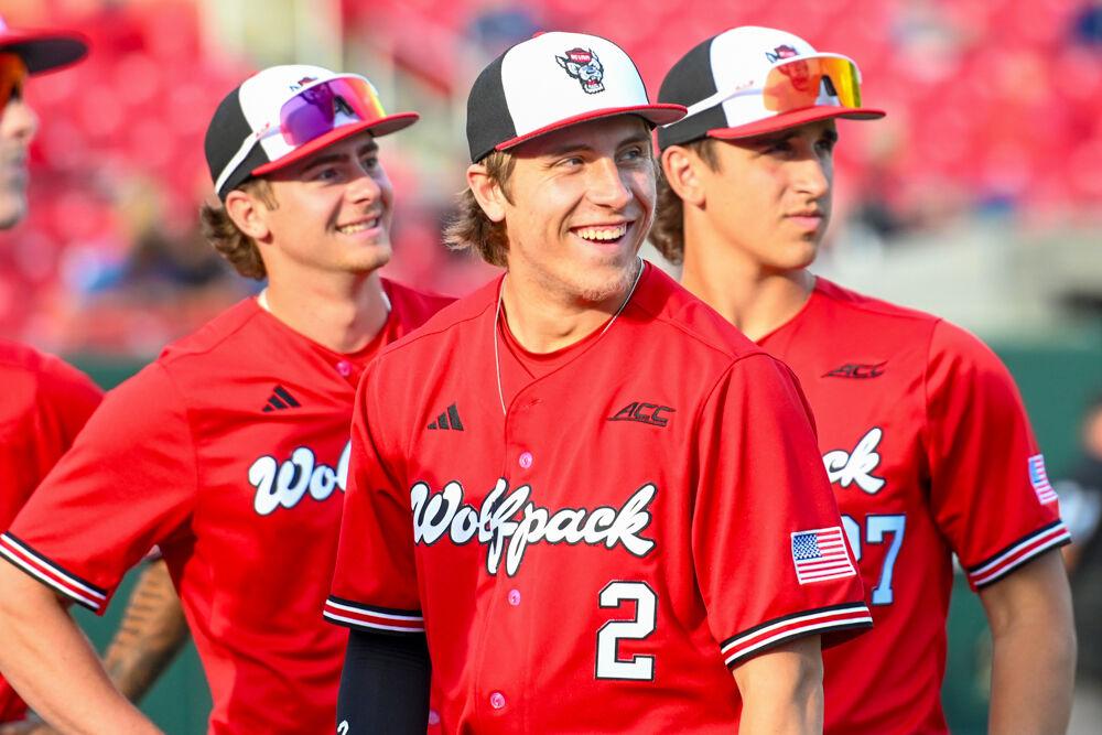 Junior outfielder Brayden Fraasman smiles while watching the Jumbotron before the game against UNC-Greensboro&#160;on Doak Field at Dail Park on Tuesday, April 1, 2025. Fraasman hit a three-run homer. The Wolfpack defeated the Spartans 9-6.&#160;