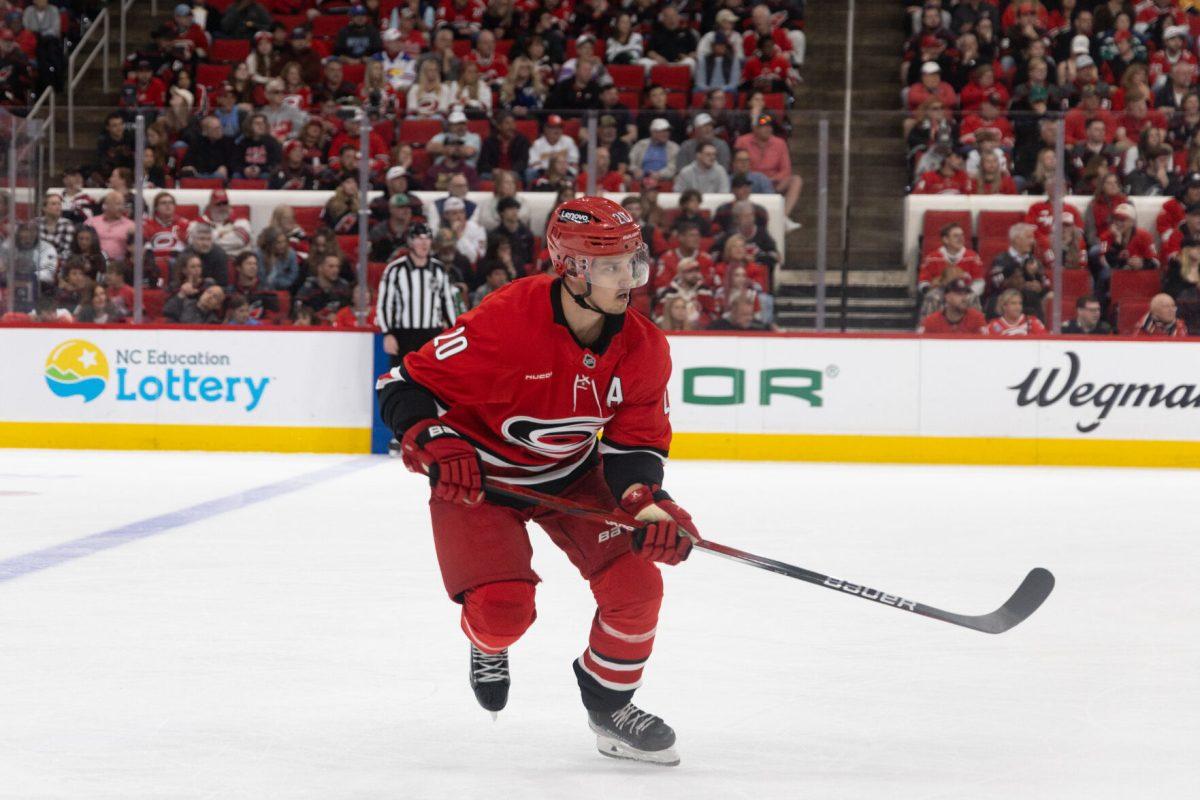 Center Sebastian Aho looks down the ice during the game versus the Toronto Maple Leafs at the Lenovo Center on Sunday, April 13, 2025. Aho scored the Hurricanes only goal. The Hurricanes lost to the Maple Leafs 4-1.