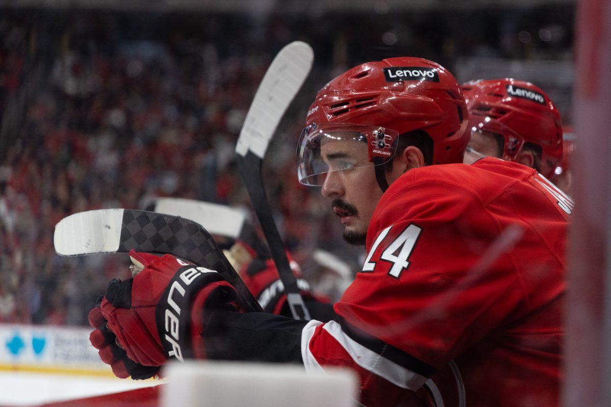 Center Seth Jarvis watches play during the game versus the Toronto Maple Leafs at the Lenovo Center on Sunday, April 13, 2025. The Hurricanes lost to the Maple Leafs 4-1.