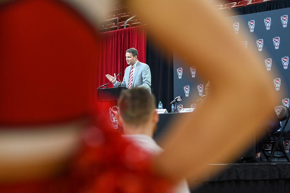 Will Wade, the new head coach of NC State men's basketball, answers questions from his press conference audience inside Reynolds Coliseum on Tuesday, March 25, 2025. Wade is the Wolfpack's 21st men's basketball coach, following after former coach Kevin Keatts.