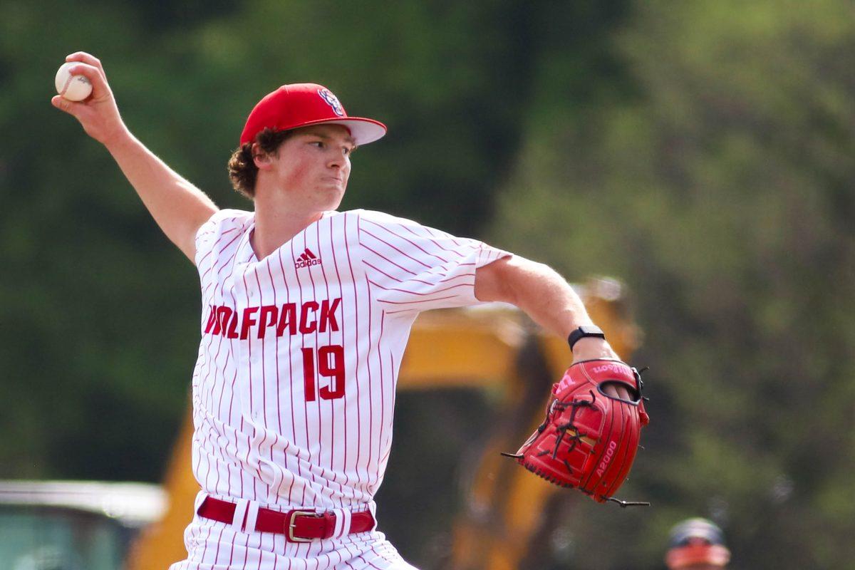 Sophomore pitcher Heath Andrews throws a pitch during the game against Virginia at Doak Field at Dail Park on Saturday, April 5, 2025. The Wolfpack beat the Cavaliers 9-2.