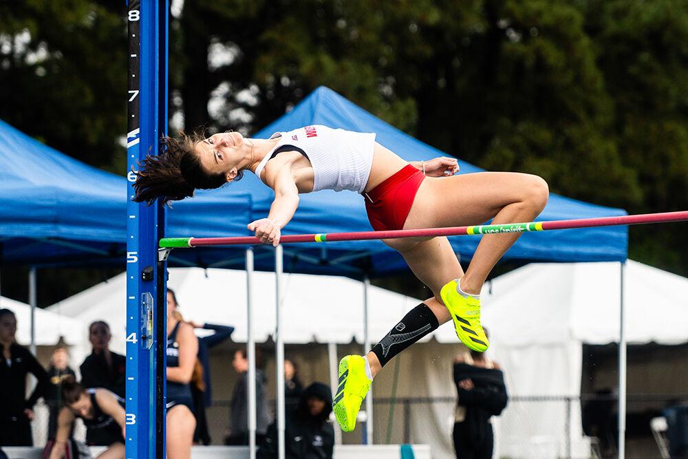 Freshman jumper Jenna Barnes competes in the women's high jump during the Duke Invitational in the Morris Williams Stadium on Friday, April 11, 2025. Barnes placed second in her group scaling a height of 1.61 meters.