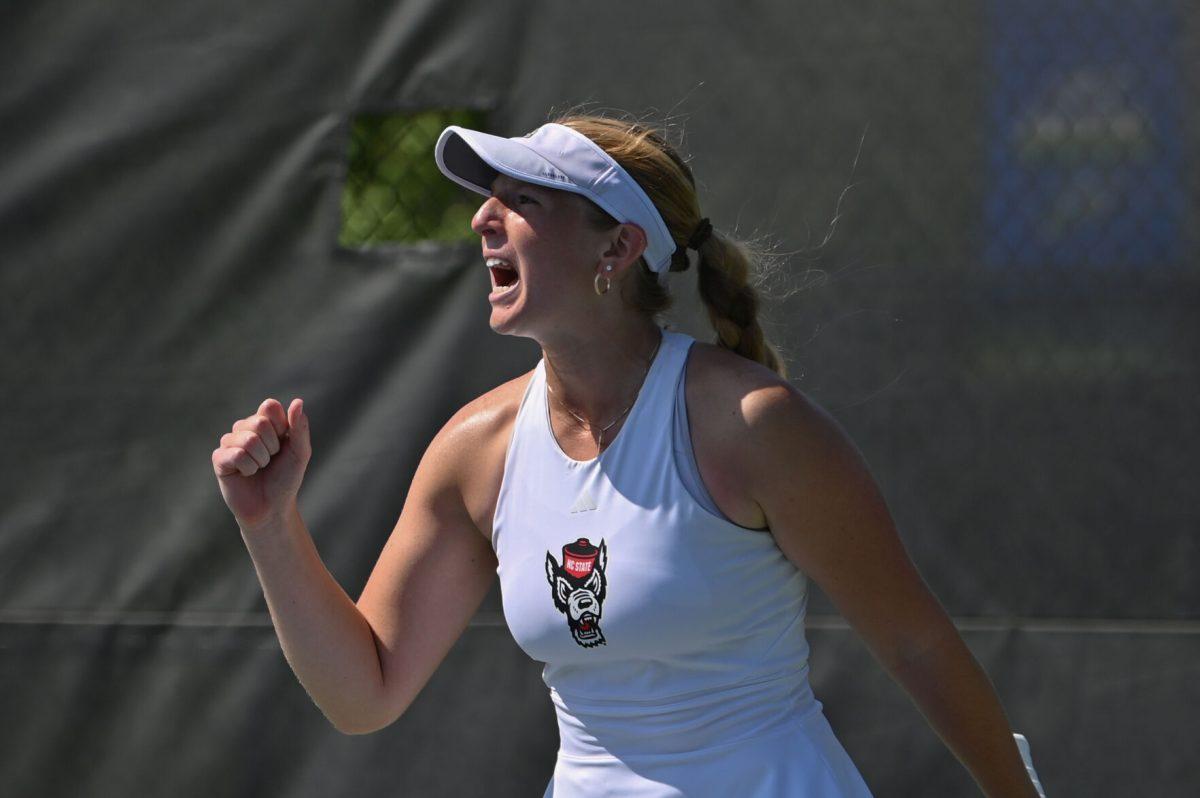 Sophomore Maddy Zampardo yells in celebration of winning a set during the quarterfinal match of the ACC Championship against Notre Dame at Cary Tennis Park on Friday, April 18, 2025. Zampardo won her singles match 2-0. The Wolfpack defeated the Fighting Irish 4-1.