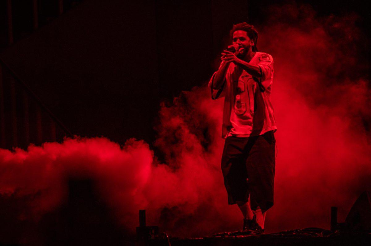 J. Cole points to the crowd while performing during the final Dreamville Festival in Dorothea Dix Park on April 6, 2025. Cole performed many songs off of his album 2014 Forest Hills Drive, which he released a 10 year anniversary album for in 2024.
