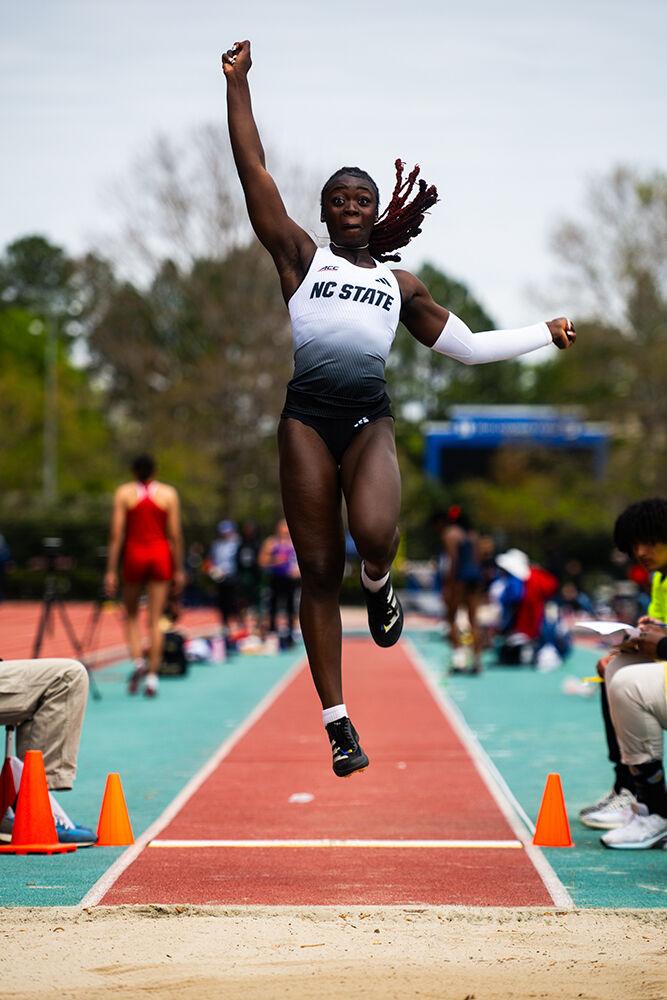 Freshman jumper Mariama Hunt competes in the long jump event during the Duke Invitational in the Morris Williams Stadium on Saturday, April 13, 2025. Hunt placed first in her flight, fourth overall and eighth in the Wolfpack's all-time history with a distance of 5.90 meters.