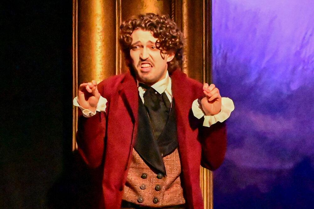 Beckett Patterson, as Heathcliff, mocks Laurie during the dress rehearsal performance of "You on the Moors" at Frank Thompson Hall on Wednesday, April 2, 2025. "You on the Moors Now" reimagines classic literary heroines as they explore themes of love, betrayal and independence.