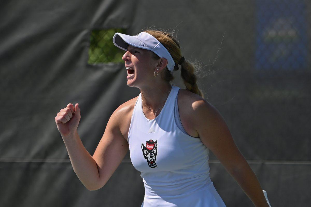 Sophomore Maddy Zampardo yells in celebration of winning a set during the quarterfinal match of the ACC Championship against Notre Dame at Cary Tennis Park on Friday, April 18, 2025. Zampardo won her singles match 2-0. The Wolfpack defeated the Fighting Irish 4-1.