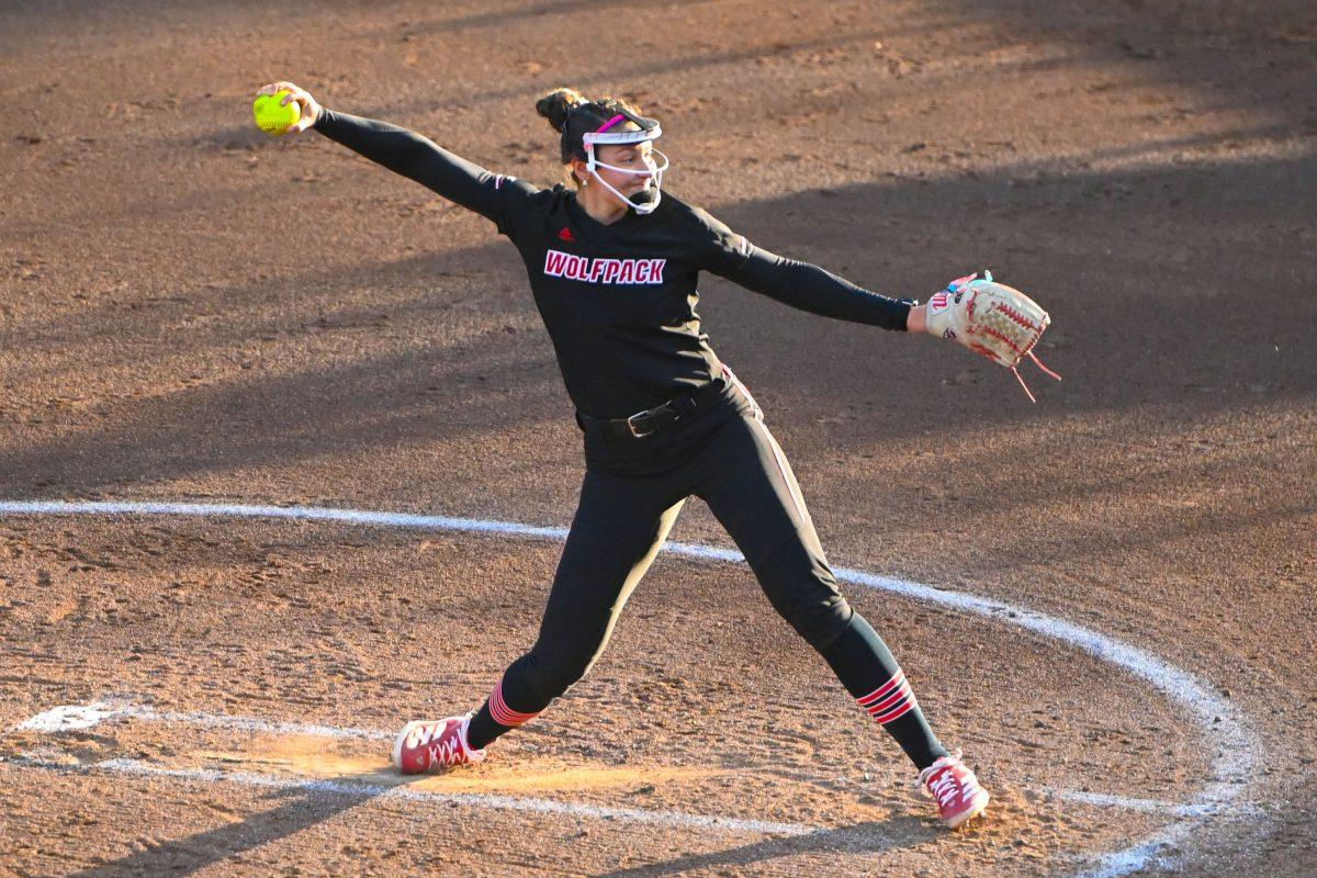 Sophomore pitcher Carly Maxton pitches during the second game of the doubleheader against Longwood at Dail Softball Stadium on Tuesday, April 15, 2025. NC State won the game 7-0.